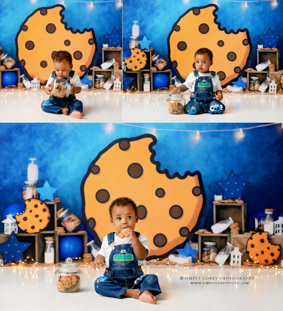baby photographer near Carrollton, GA; studio one year session with cookies