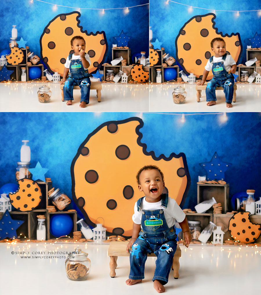 Carrollton baby photographer in GA, studio milestone session with cookies