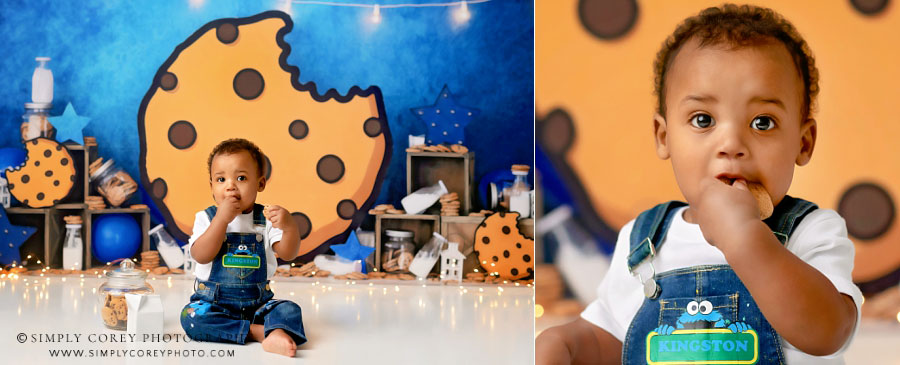 Fairburn baby photographer, studio one year portrait session with cookies
