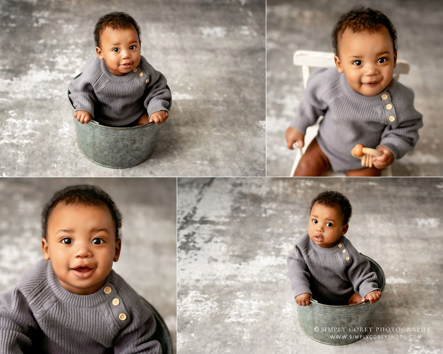 Newnan baby photographer, simple studio portraits on gray backdrop