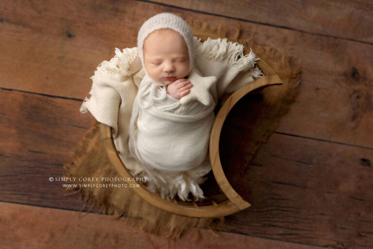Atlanta newborn photographer, baby boy in neutral colors and moon prop