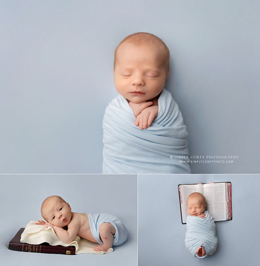 newborn photographer near Douglasville, baby boy in light blue with Bible