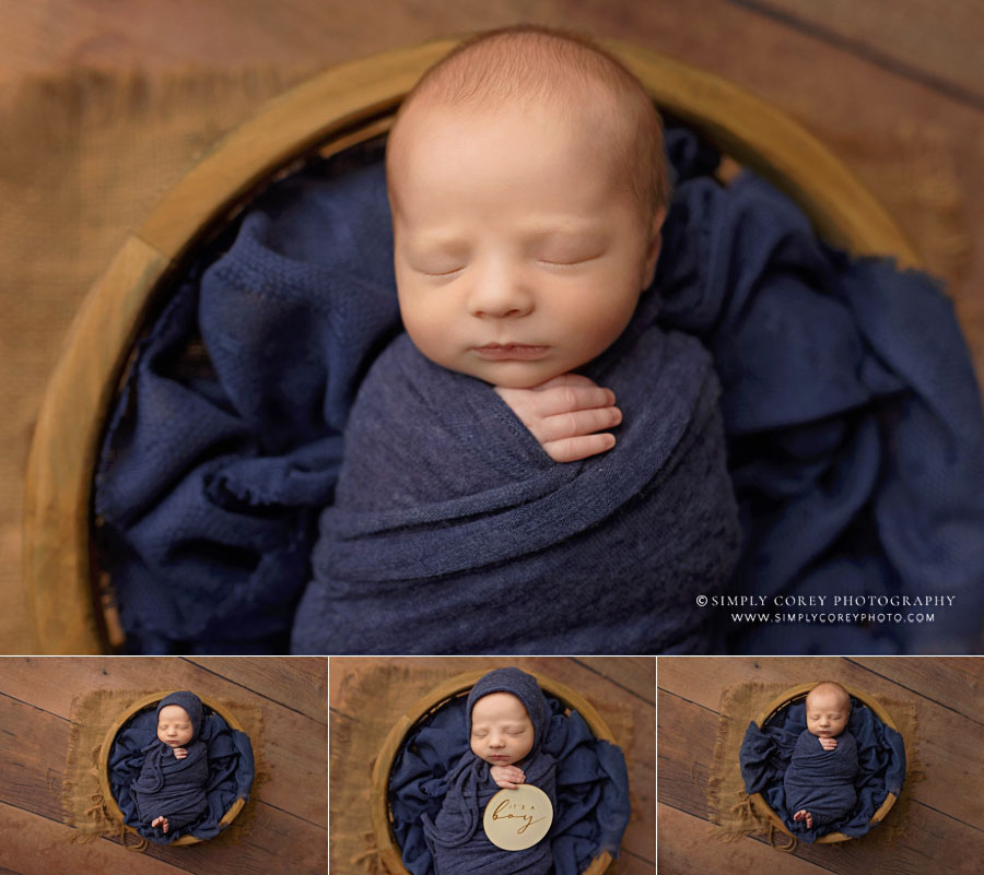 newborn photographer near Fairburn, baby boy in blue studio set