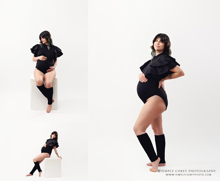 Carrollton maternity photographer in GA, black bodysuit with white studio backdrop