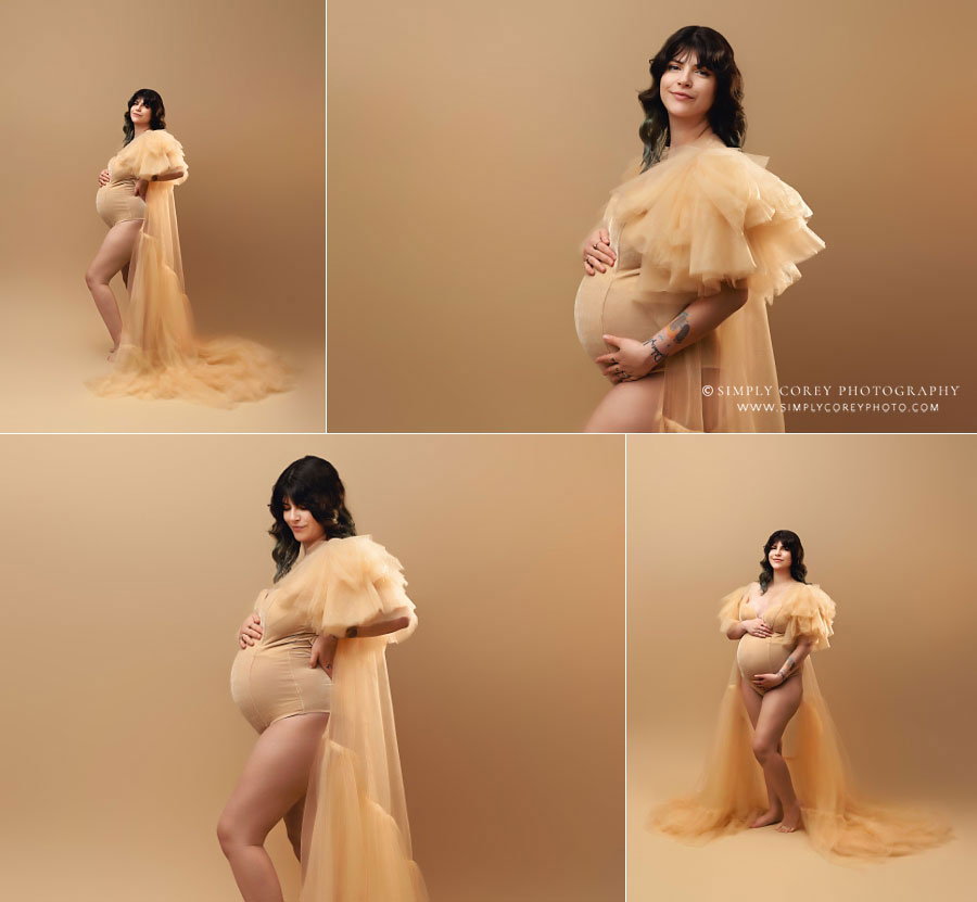 maternity photographer near Carrollton, GA; tulle robe on studio backdrop