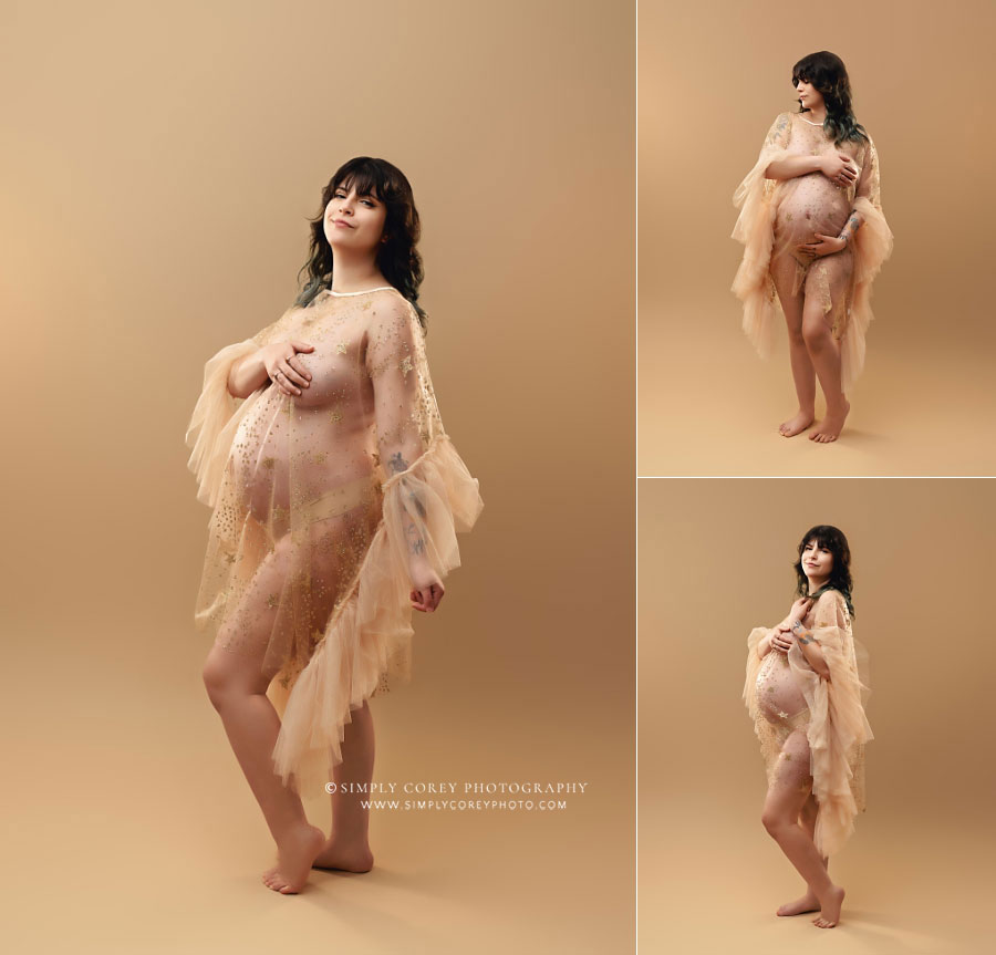 maternity photographer near Douglasville, studio photos in sheer dress with pecan backdrop