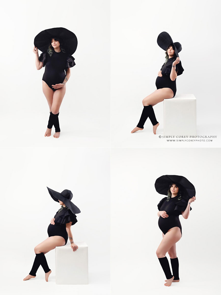 maternity photographer near Villa Rica, simple studio portraits with a box and floppy hat
